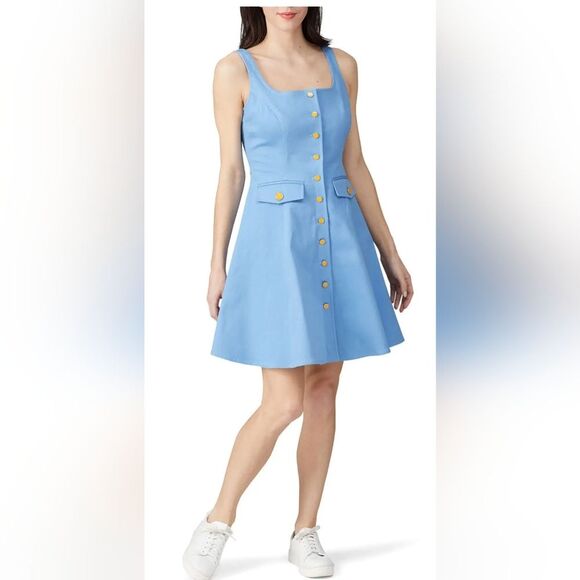Color Me Courtney Alle  blue Utility cotton stretch Dress gold buttons size 4 - Picture 1 of 8